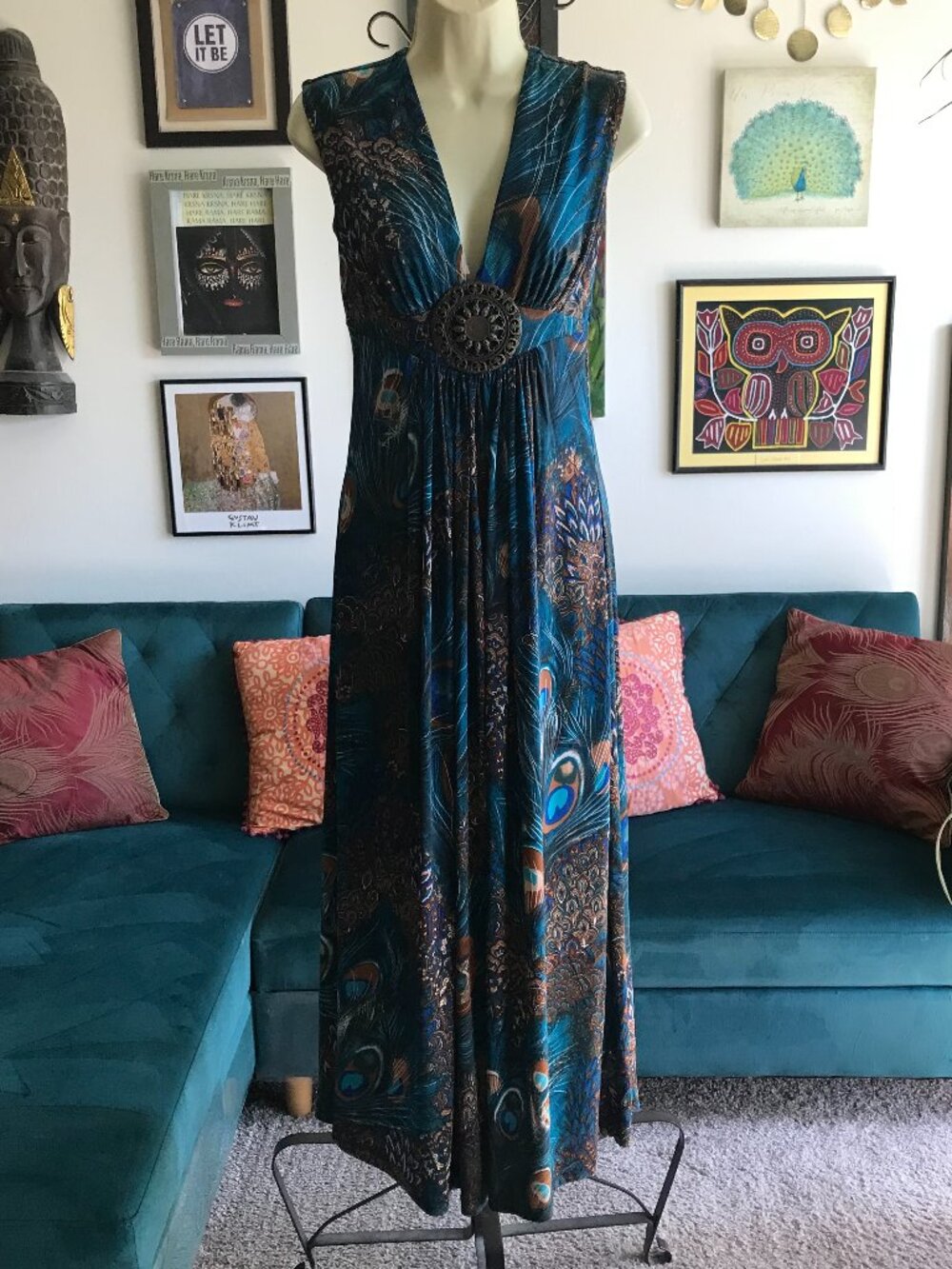 BOSTON PROPER size S Blue Peacock Feather Print Sleeveless Jersey Maxi Dress